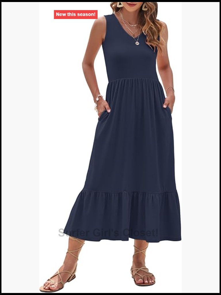 Sleeveless V-Neck Maxi Dress With Pockets Tiered Swing Sundress